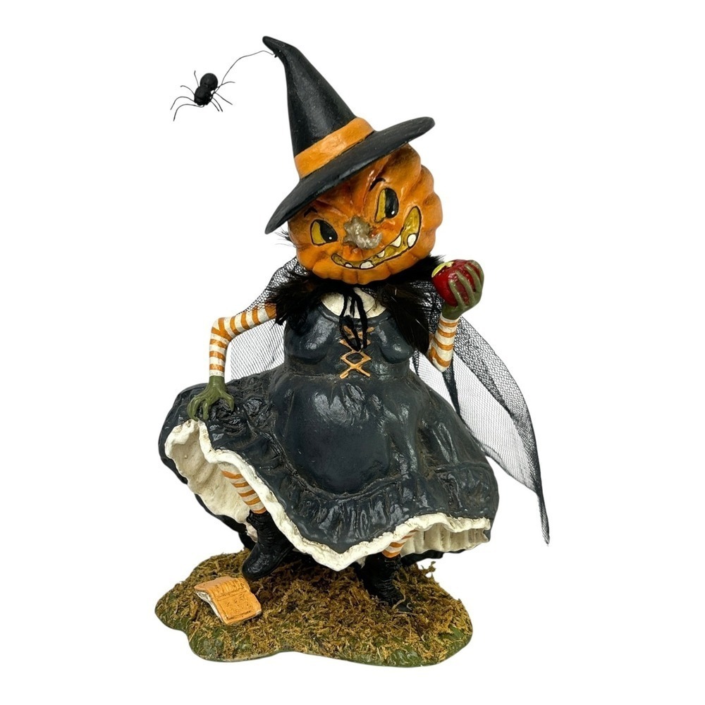 Bethany Lowe PLAYING WITH MAGIC WITCH 8.5" Figurine Apple Book Spider Halloween